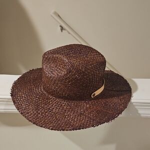 BCBG Dark Brown Woven Straw Hat with Tan Band